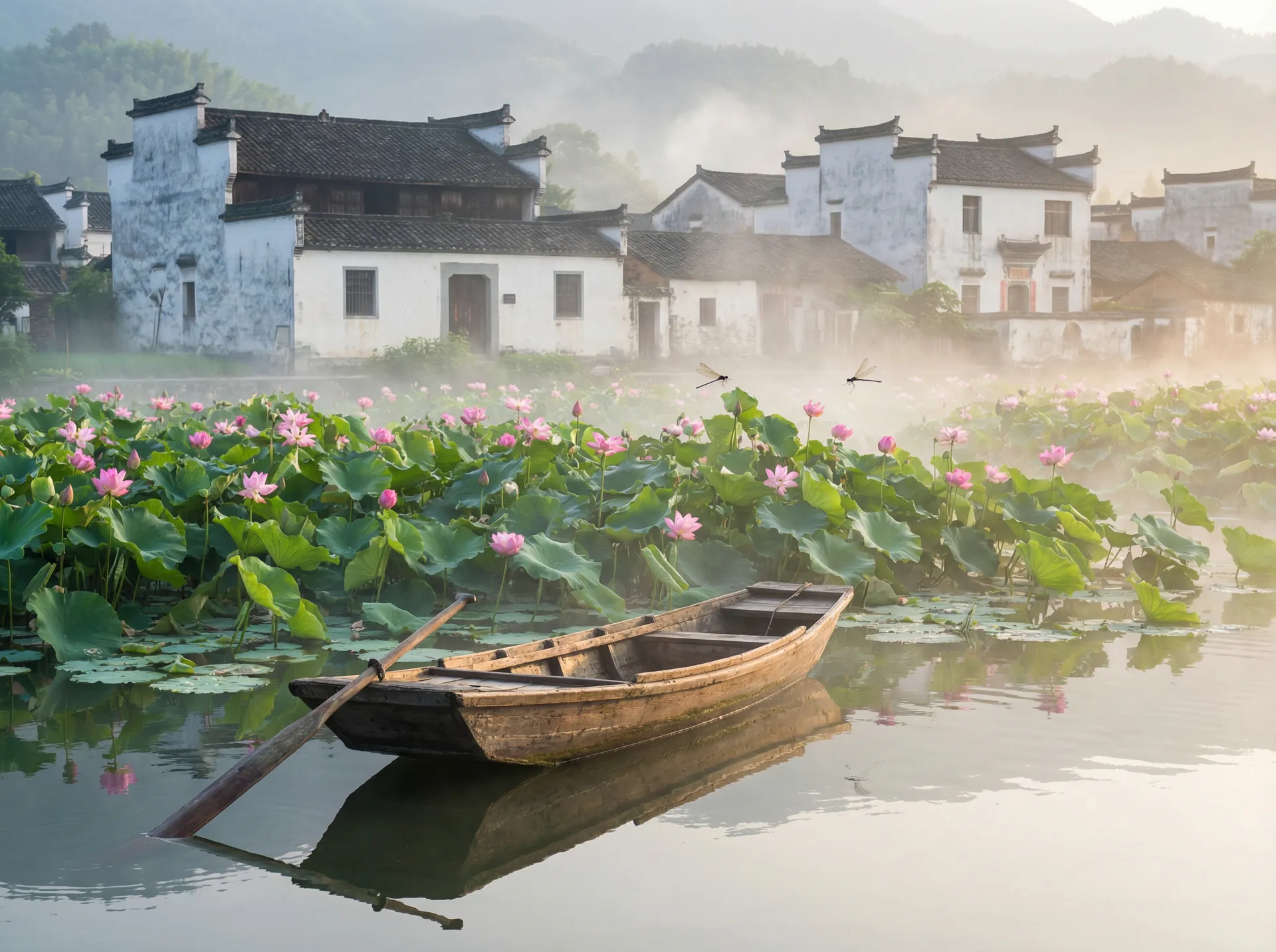清晨荷塘小舟，粉色荷花盛开，白墙黑瓦的村庄 - 肖申克的救赎qvod 水乡风情
